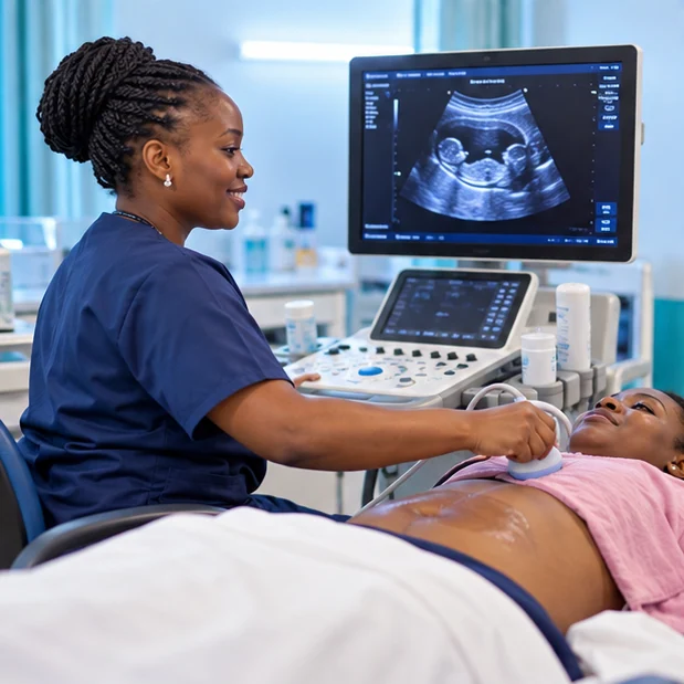 Illustration of a pregnancy ultrasound during an antenatal appointment